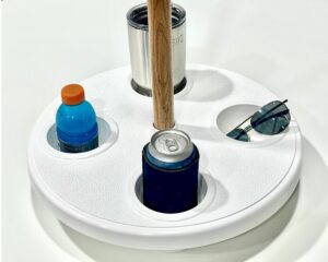 Umbrella Table with beer, sunglasses and cup in holders