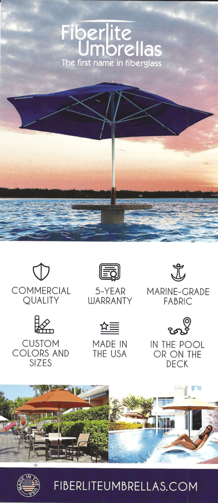 Flyer with picture of umbrella in pool with advantages listed below